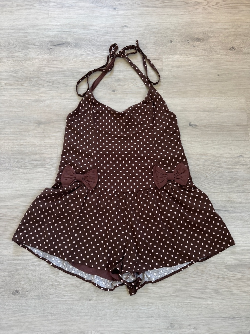 Free People High Strung Brown Polka Dot Bow Halter Romper Women’s M